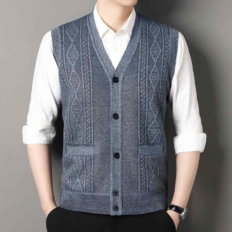 ニットベスト メンズ 男性用 裏起毛 保温 あったか 秋冬物 インナー アウター カジュアル ゆったり リラックスフィット ストライプ柄 レーヨン混 カーキ 黒 ダークグレー ライトグレー