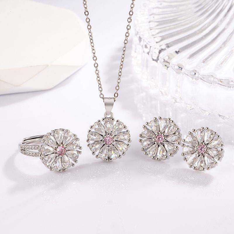 ネックレス レディース アクセサリー 3点セット ペンダント ピアス 指輪 ひまわり 花 ジルコニア 電気メッキ加工 金属アレルギー対応 シルバー チェーン 華奢 細め デコルテチェーン シンプル かわいい おしゃれ 通勤 オフィス ギフト プレゼント
