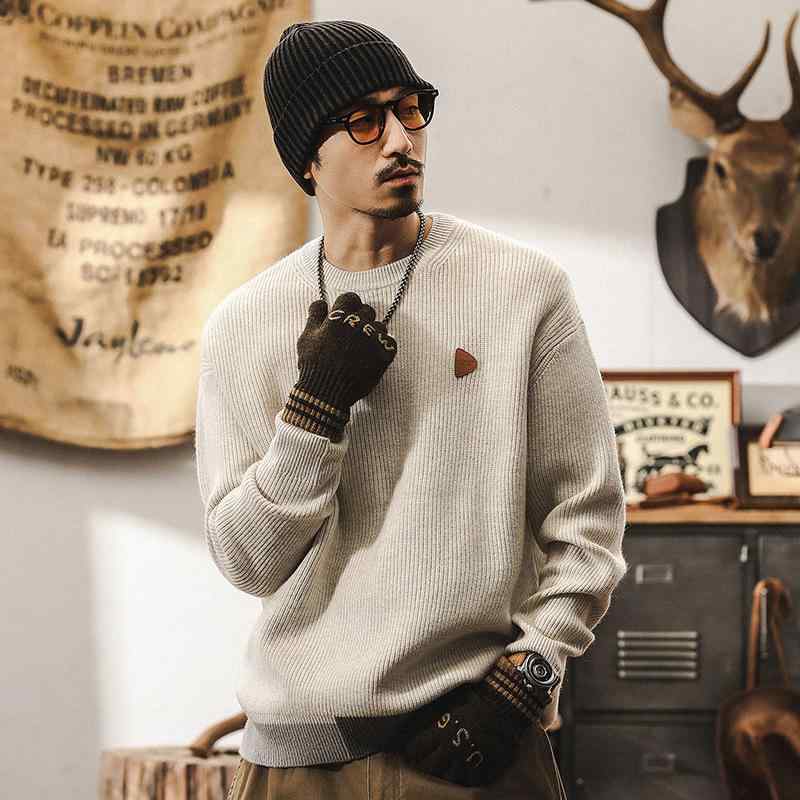 ニット セーター メンズ 男性用 秋冬 620g ヘビーウェイト 厚手 保温 防寒 アメリカンレトロ 日系 綿 アクリル ゆったり オーバーサイズ クルーネック プルオーバー カジュアル