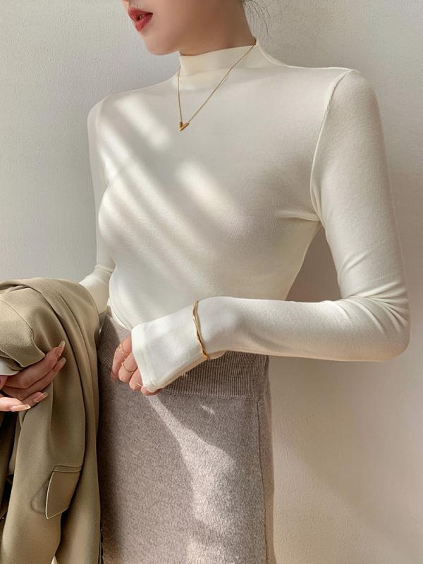 カットソー レディース 女性用 モダール 再生繊維 ハイネック 長袖 ブラック スリム 薄手 インナー トップス 春秋 ストレッチ 上品 カジュアル オフィス 通勤 ルームウェア 快適な着心地