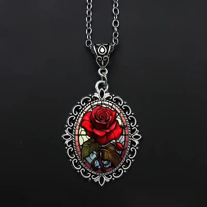 ネックレス 男女兼用 上品 エレガント 赤いバラ 薔薇 楕円形ガラス ジュエリー ペンダント 合金 十字チェーン ロマンチック オリジナルデザイン 春夏 ファッションアクセサリー