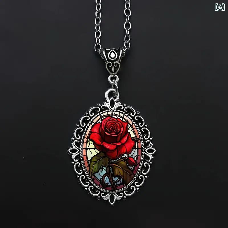 ネックレス 男女兼用 上品 エレガント 赤いバラ 薔薇 楕円形ガラス ジュエリー ペンダント 合金 十字チェーン ロマンチック オリジナルデザイン 春夏 ファッションアクセサリー 2
