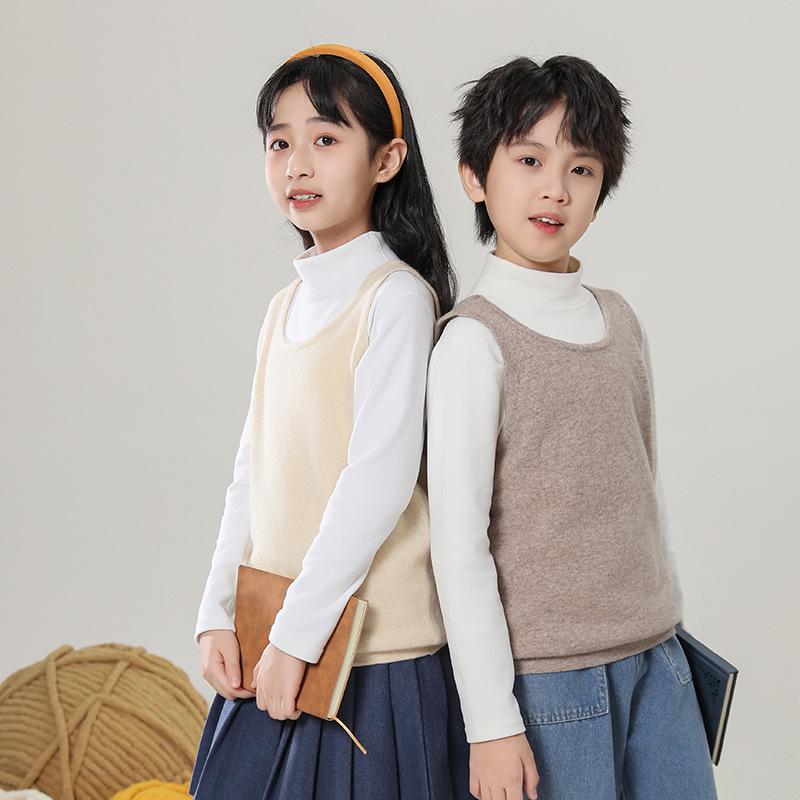 ベスト キッズ 男の子 女の子 ジュニア 100%ウール 羊毛 ニット プルオーバー 保温 防寒 秋冬 無地 通..