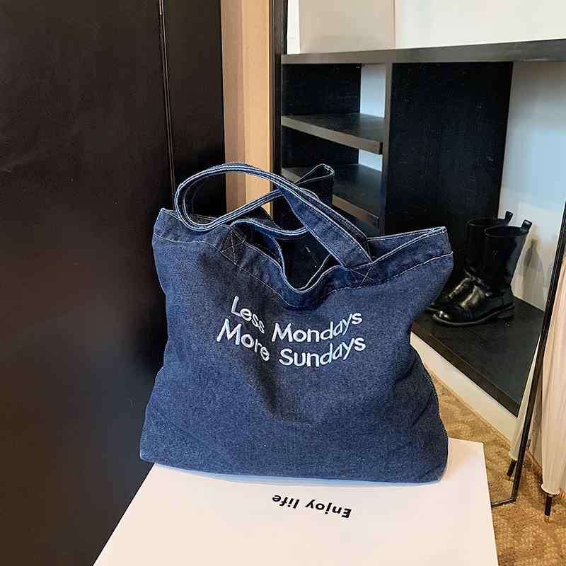 トートバッグ レディース 女性用 大容量 A4対応 ファスナー開閉 スマホポケット付き デニム素材 柔らかい 韓国風 刺繍ロゴ ファッション カジュアル 肩掛け 手提げ 通勤 通学 ダークブルー ライトブルー(4)