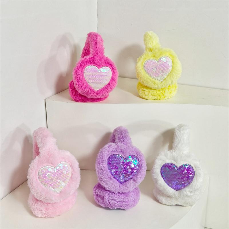 イヤーマフ キッズ 女の子 かわいい ふわふわ もこもこ スパンコール ハート柄 保温 防寒 折りたたみ式..