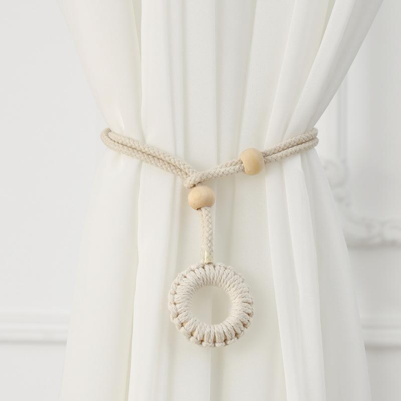 カーテンタッセル 調節可能 穴開け不要 コットンロープ 編み込み 丸型 綿麻 木製 ウッド モダン シンプ..