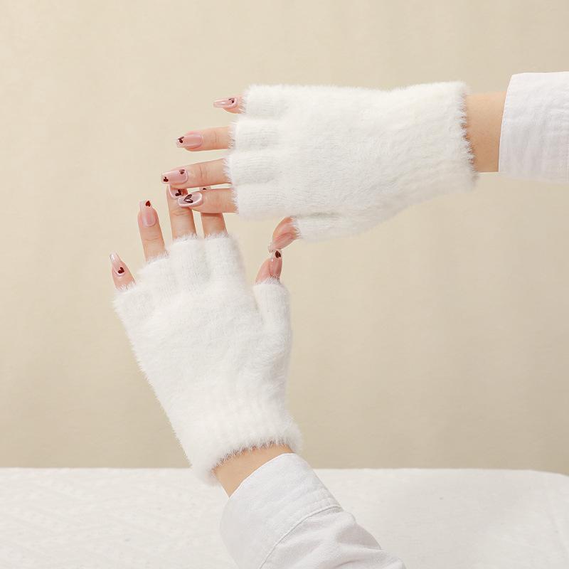 男用 - 手袋 レディース 保温 裏起毛 厚手 防寒対策 カバー付き 指なし フィンガーレス グローブ かわいい サイクリング 学生用 ニット 冬