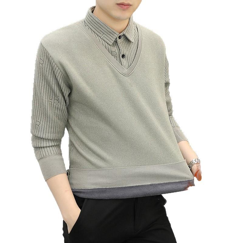 Knit Sweater - ニットセーター メンズトップス 裏起毛 フェイクレイヤード シャツ襟 秋冬 暖かい 合わせやすい ゆったり カジュアル 通勤 ビジカジ
