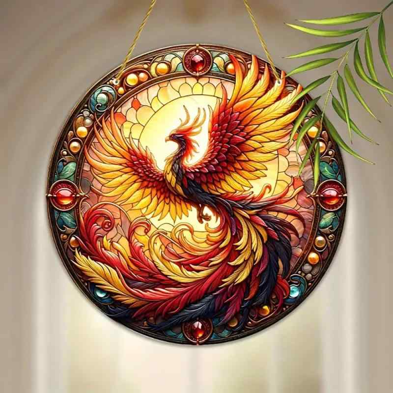 吊り下げ飾り アクリル製 レトロ アンティーク調 鳳凰 飛翔デザイン 神話生物 円盤 玄関 窓辺 ウォールデコレーション おしゃれ インテリア雑貨(x2)