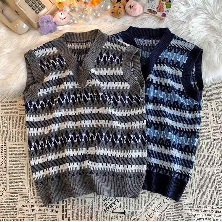 ニットベスト メンズ 秋冬 薄手 Vネック ノースリーブ ゆったり ウォッシャブル おしゃれ カジュアル レトロ 韓国ファッション 重ね着 グレー ブルー