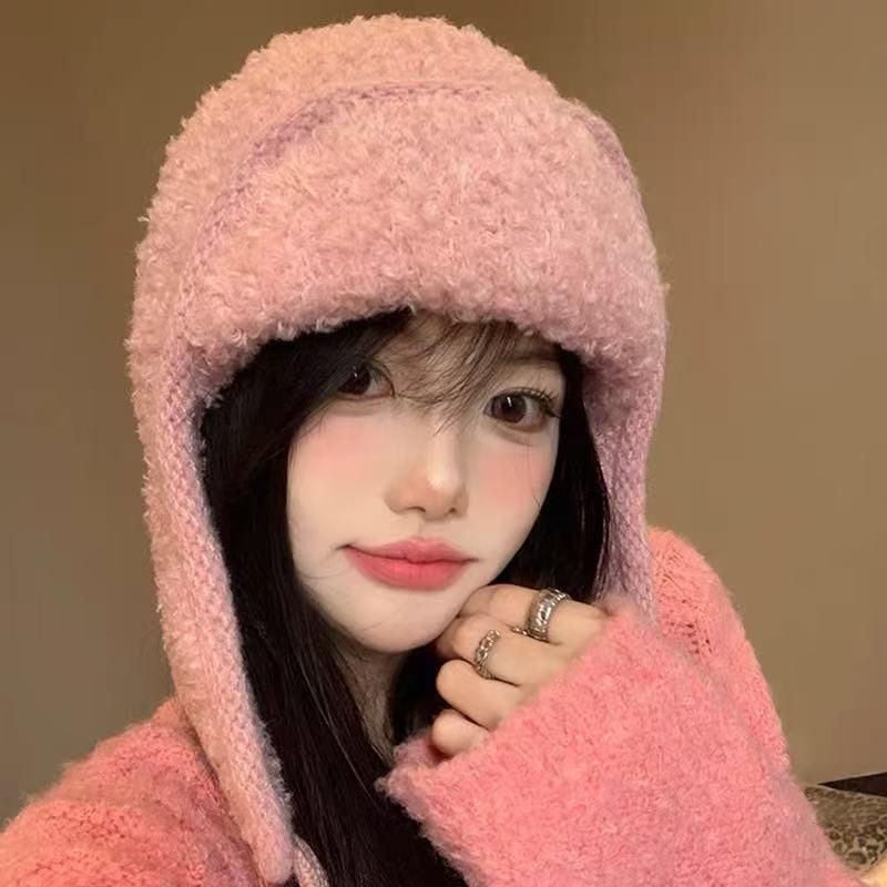 帽子 レディース 女性用 保温 防寒 厚手 裏起毛 耳当て付き ニット帽 毛糸の帽子 バラクラバ帽 秋冬 通気性 ウール混紡 ポリエステル カジュアル ラウンドトップ ワンサイズ 多色展開(4.0)