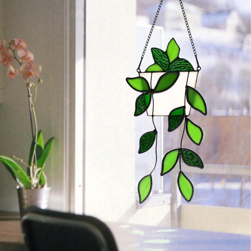 Ornaments - アクリル製 吊り下げ フェイクグリーン 人工観葉植物 窓用 ボタニカルプリント ウォールデコ ナチュラルテイスト インテリア雑貨 部屋 リビング 玄関 おしゃれ かわいい
