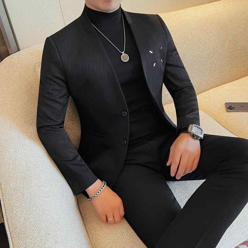 ジャケット メンズ イージーケア シワになりにくい スリムフィット ノーカラー シングルブレスト 2つボタン カジュアルスタイル 秋冬物 綿混 ポリエステル 韓国風 ブラック