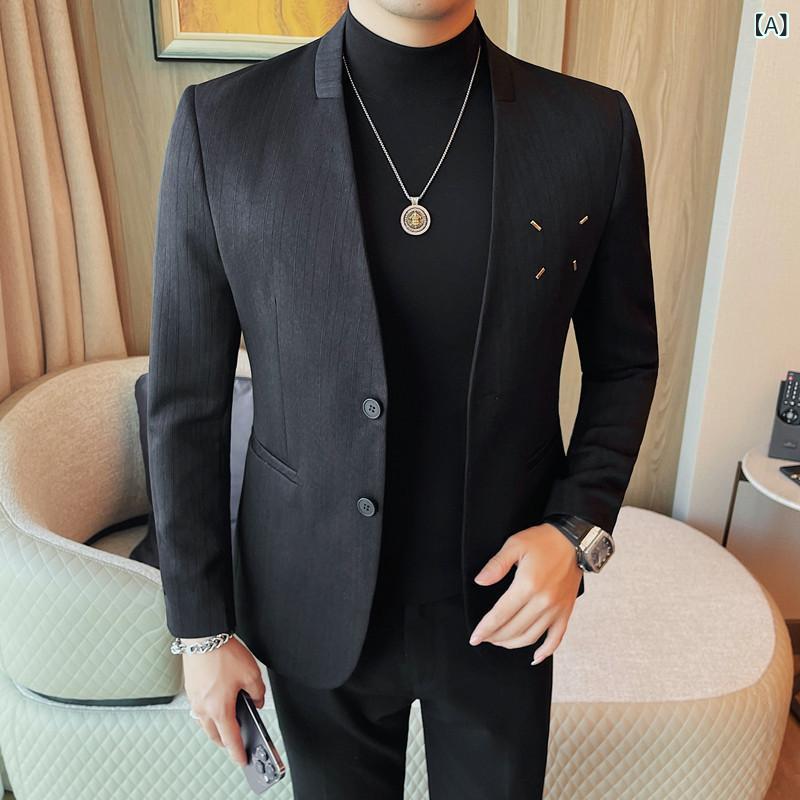 ジャケット メンズ イージーケア シワになりにくい スリムフィット ノーカラー シングルブレスト 2つボタン カジュアルスタイル 秋冬物 綿混 ポリエステル 韓国風 ブラック