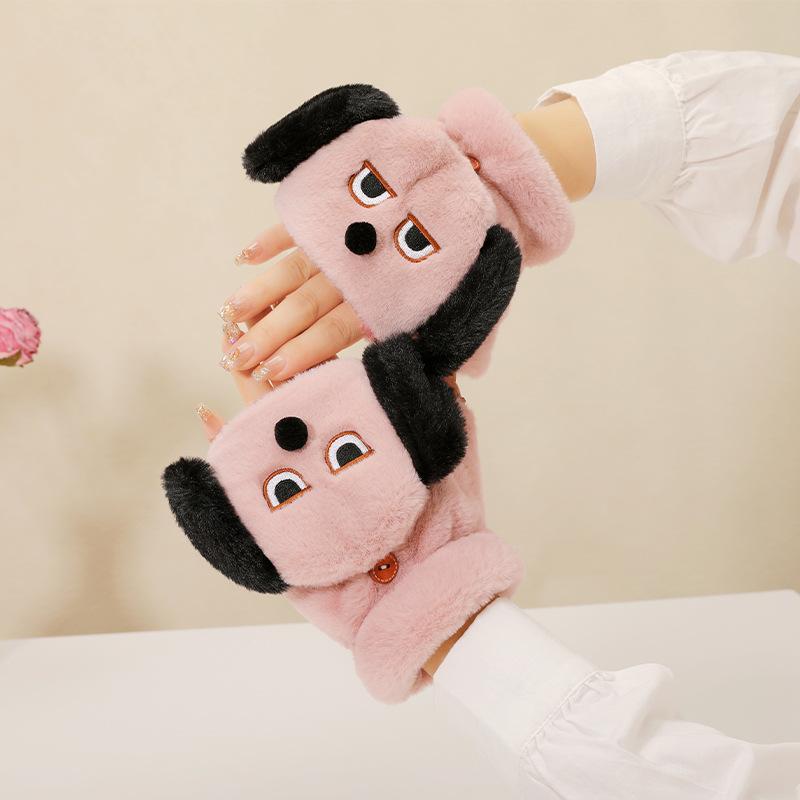 手袋 レディース 秋冬 防寒 保温 暖かい かわいい 犬耳 フリップアップ 指なしミトン 裏起毛 厚手 サイ..