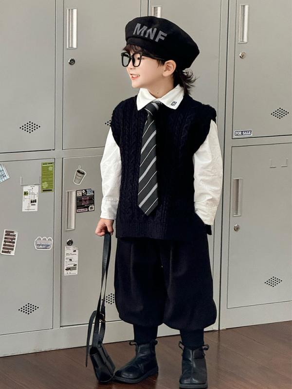 キッズ 男の子 男児 セットアップ スクール風 プレッピー 裏起毛 シャツ ニットベスト ロングパンツ 長ズボン 厚手 暖か 通学 入学式 卒業式 発表会 フォーマル カジュアル 春秋
