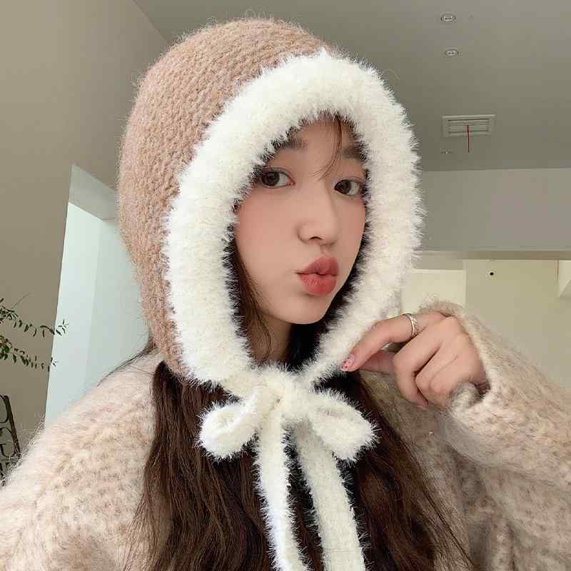 帽子 レディース 秋冬 ミラルドカラー ニット ファー ボア 耳あて付き 防寒 あったか フライトキャップ 韓国風 ファッション 万能 小顔効果 ポリエステル