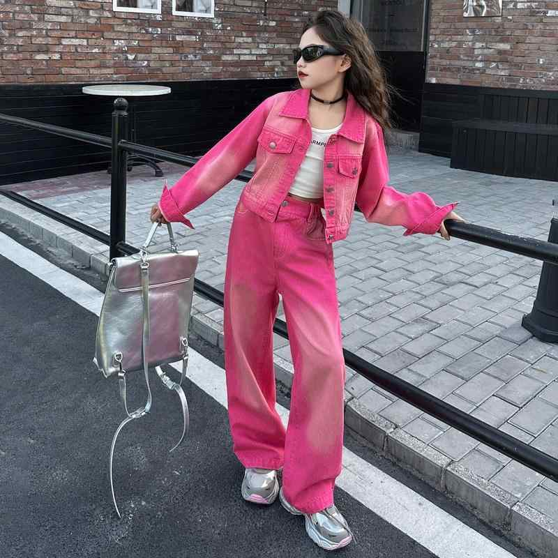 セットアップ 女の子 キッズ デニムジャケット ワイドパンツ 長袖 ソフト加工 コットン 綿 春秋 カジュアル 普段着 通学着 ゆったり かわいい おしゃれ ピンク