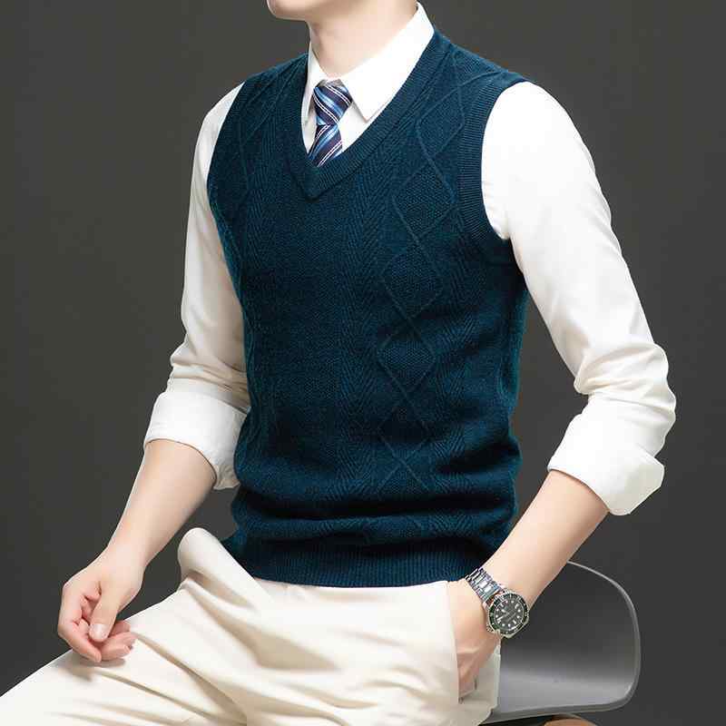 ニットベスト メンズ Vネック ウール100% 紳士 ビジネス オフィス カジュアル 秋冬 ストライプ柄 プルオーバー 暖かい 上質素材 中高年 男性