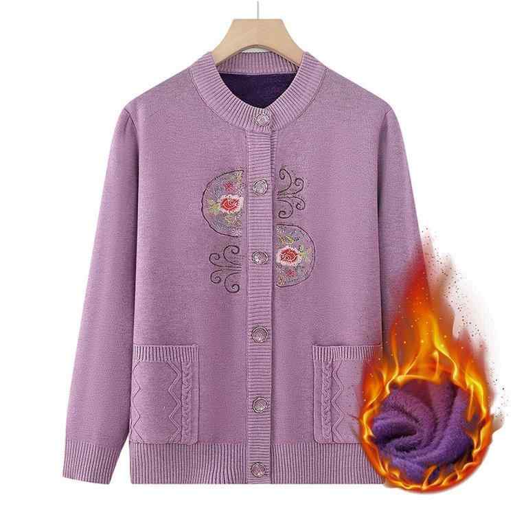 カーディガン レディース シニア 祖母 おばあちゃん ママ 春秋 保温 裏起毛 ニットアウター 上品 ゆったり 楽ちん ポケット付き 刺しゅう 民族風 コットン混