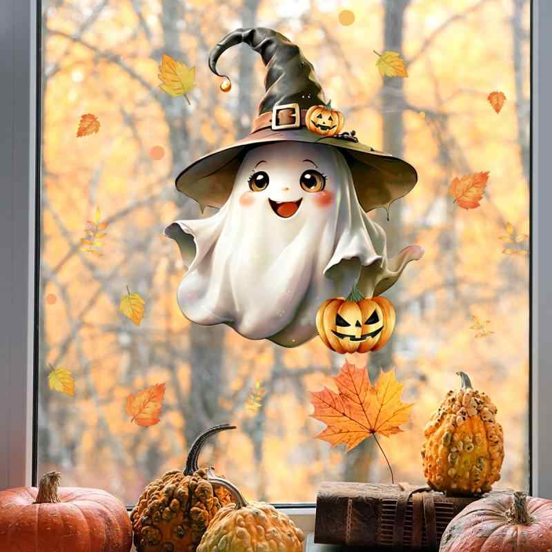 窓ステッカー ハロウィン かわいい 魔女の帽子 おばけ カボチャ イラスト 静電ガラスシート 貼って ...