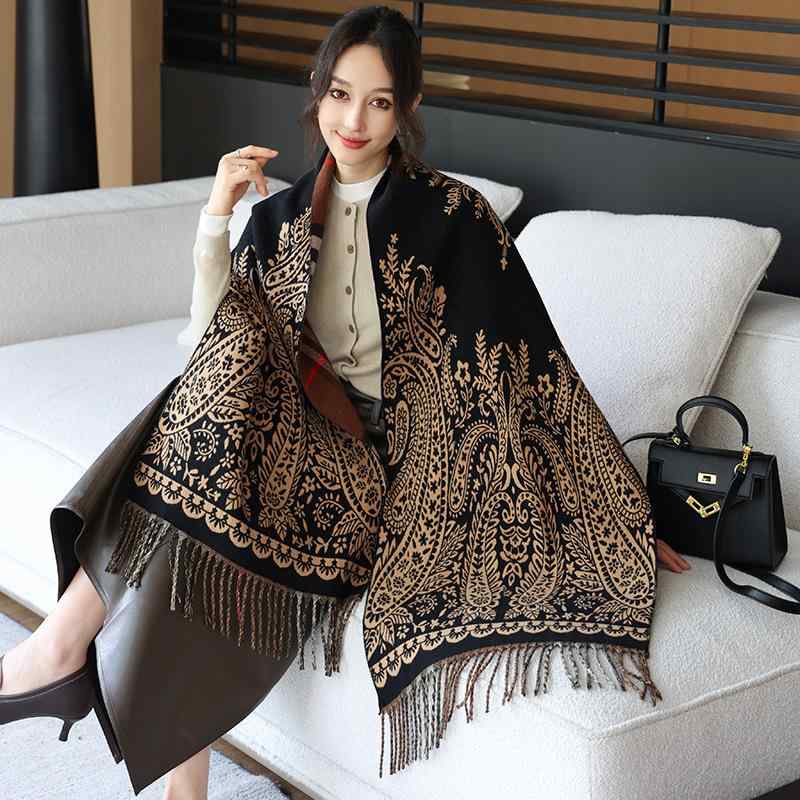 ストール レディース カシミヤタッチ 厚手 リバーシブル レトロチェック柄 鉄塔柄 フリンジ 防寒 あっ..