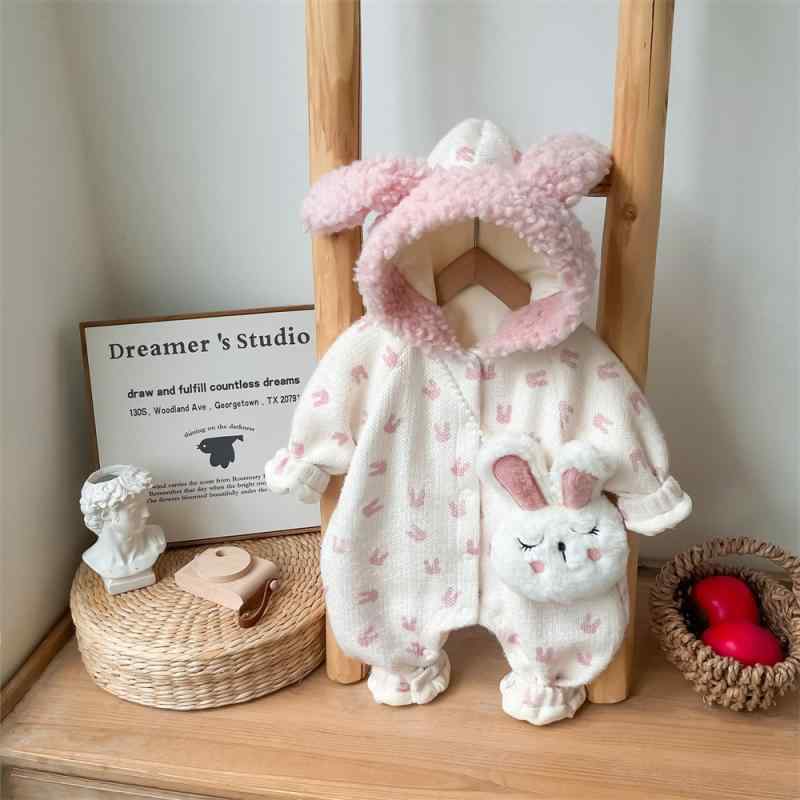 ロンパース ベビー 女の子 赤ちゃん 新生児 カバーオール 秋冬 冬服 裏起毛 厚手 フード付き うさぎ 耳つき 長袖 ピンク 前開き スナップボタン お出かけ着