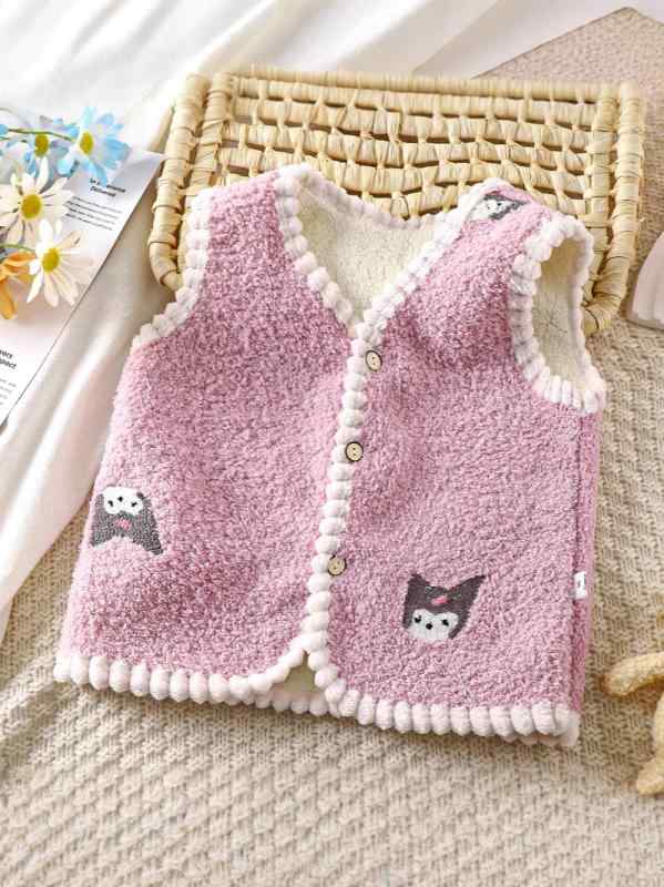 ベスト キッズ 男の子 女の子 男女兼用 秋冬 防寒 保温 暖かい 両面 珊瑚フリース 裏起毛 ソフト キャラクター 動物柄 前開き ボタン アウター 通園 通学 普段着 かわいい 子供服