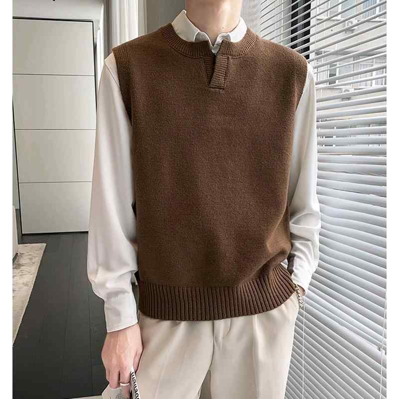 ニットベスト メンズ 男性用 ノースリーブ Vネック ウール混 ポリエステル混 ゆったり ルーズフィット 防シワ 韓国風 スタイリッシュ カジュアル 秋冬