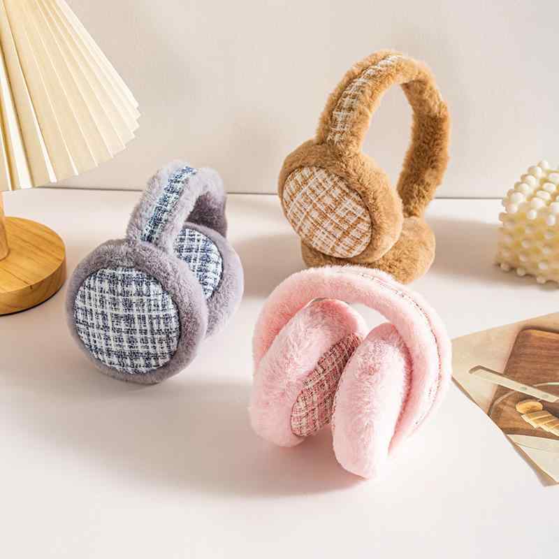 イヤーマフ レディース 女性用 折りたたみ式 携帯便利 ポータブル ふわふわ もこもこ 保温 防寒 冬用 シンプル 無地 あったか チェック柄 アウトドア お出...