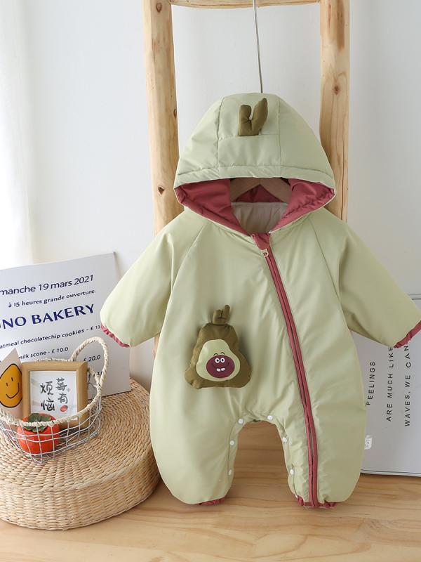・カテゴリ: ロンパース、カバーオール・タイプ: カバーオール・スタイル: カジュアル・主な素材: ポリエステル100%・厚み: 厚手・袖丈: 長袖・フード: フード付き・開閉様式: ジッパー・性別: ユニセックス・対象年齢: 幼児向け（1〜3歳、身長80〜100cm）・安全基準: A基準・カラー展開: ピンク、ライトグリーン・サイズ展開: 73cm、80cm、90cm、100cm