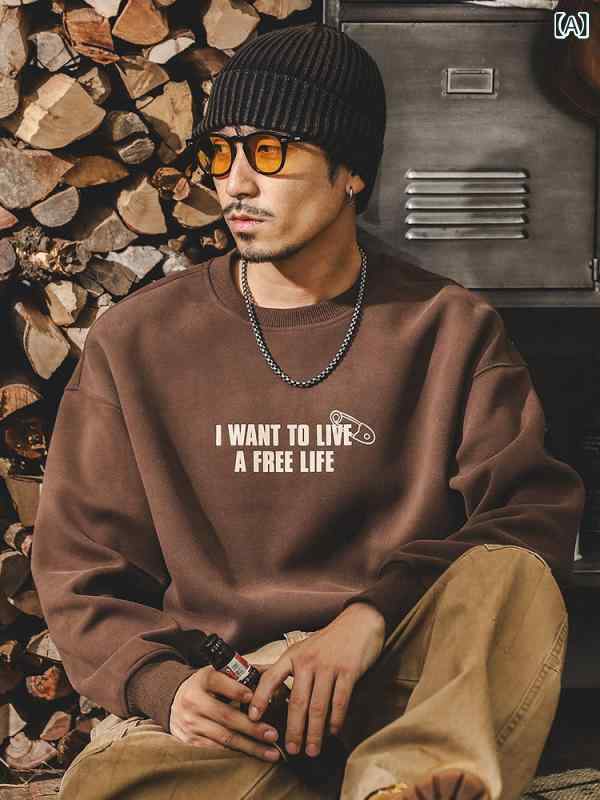 スウェット メンズ 秋冬 アメカジスタイル 400g ヘビーウェイト 厚手 ゆったり ルーズフィット ビッグシルエット フロッキープリント クルーネック 長袖 コットン シワになりにくい カジュアル