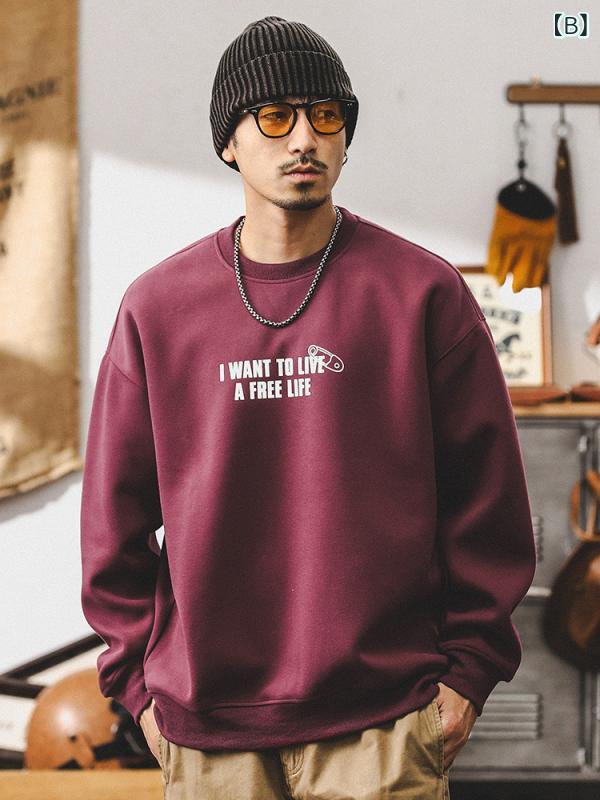 スウェット メンズ 秋冬 アメカジスタイル 400g ヘビーウェイト 厚手 ゆったり ルーズフィット ビッグシルエット フロッキープリント クルーネック 長袖 コットン シワになりにくい カジュアル