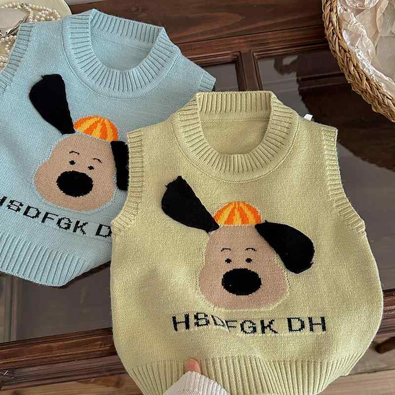 ベスト 男の子 キッズ ベビー 子犬 ワッペン ニット ゆったり カジュアル かわいい 柔らかい肌触り ア..
