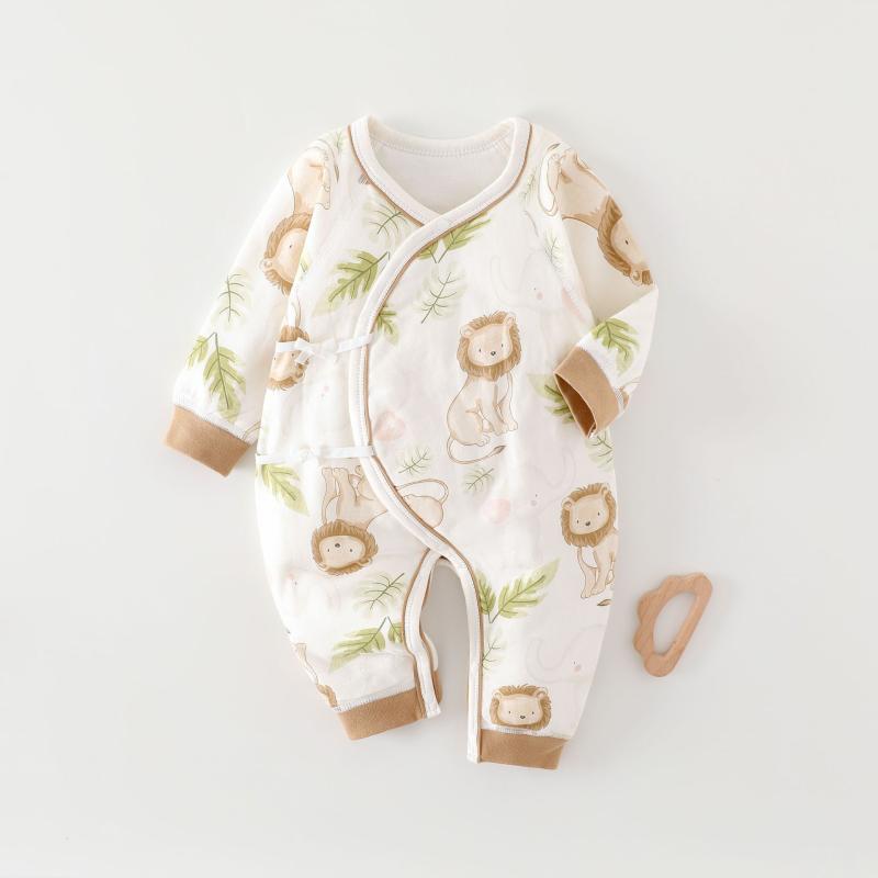 ロンパース ベビー 新生児 男の子 女の子 男女兼用 薄手 中綿入り 肌に優しい 縫い目なし 綿100% 長袖 秋冬 和服風 斜め合わせ 紐留め