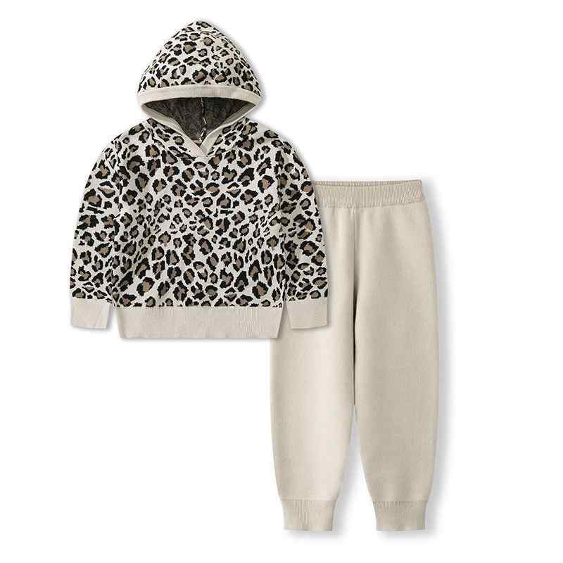 楽天モズラボキッズセットアップ 子供服 男の子 女の子 ベビー 男女兼用 秋冬 ヒョウ柄 フード付き プルオーバー ニット 長袖 ロングパンツ 柔らかい 2点セット 通園 通学 普段着 部屋着 カジュアル おしゃれ