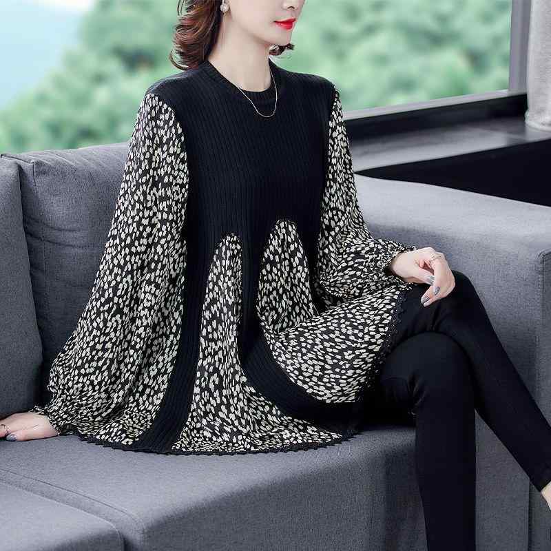 Tシャツ レディース ゆったり 大きいサイズ 体型カバー ヒョウ柄 切り替え ニット クルーネック 長袖 ランタンスリーブ ミドル丈 チュニック丈 ポリエステル オフィス カジュアル きれいめ(4)