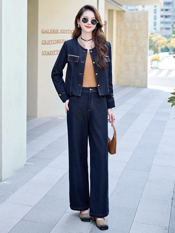 カジュアルセット レディース 秋 通勤 オフィス きれいめ レトロ デニム ポリエステル ポケット 切り替..