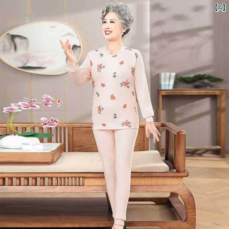 肌着セット レディース シニア 高齢者向け 保温 あったか 綿100% 花柄 厚手 長袖 丸首 肌着上下セット 秋冬 部屋着 ルームウェア