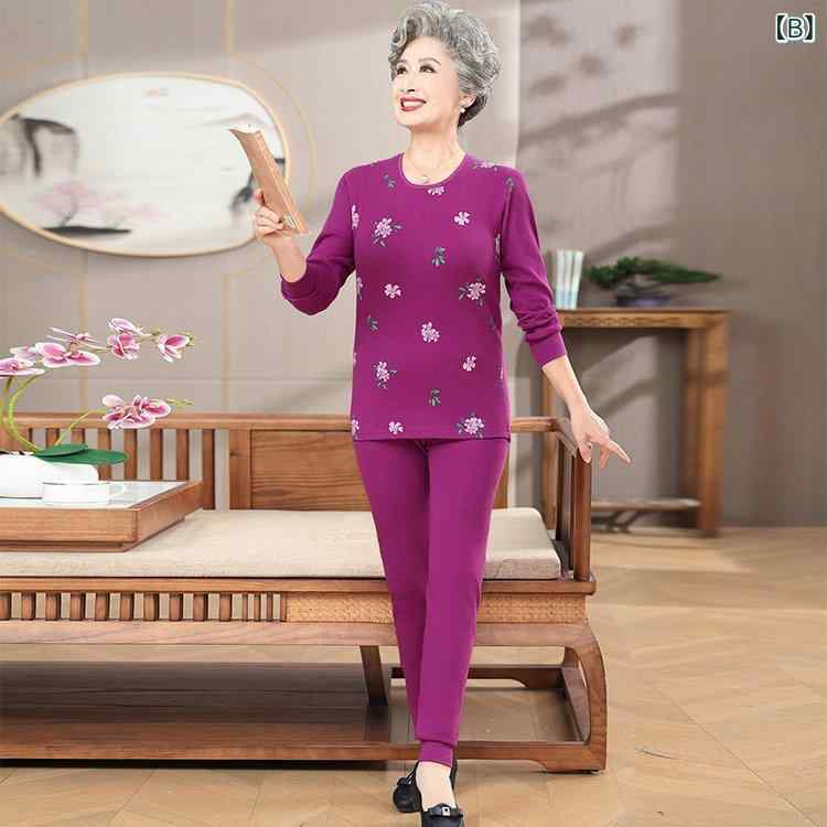 肌着セット レディース シニア 高齢者向け 保温 あったか 綿100% 花柄 厚手 長袖 丸首 肌着上下セット 秋冬 部屋着 ルームウェア