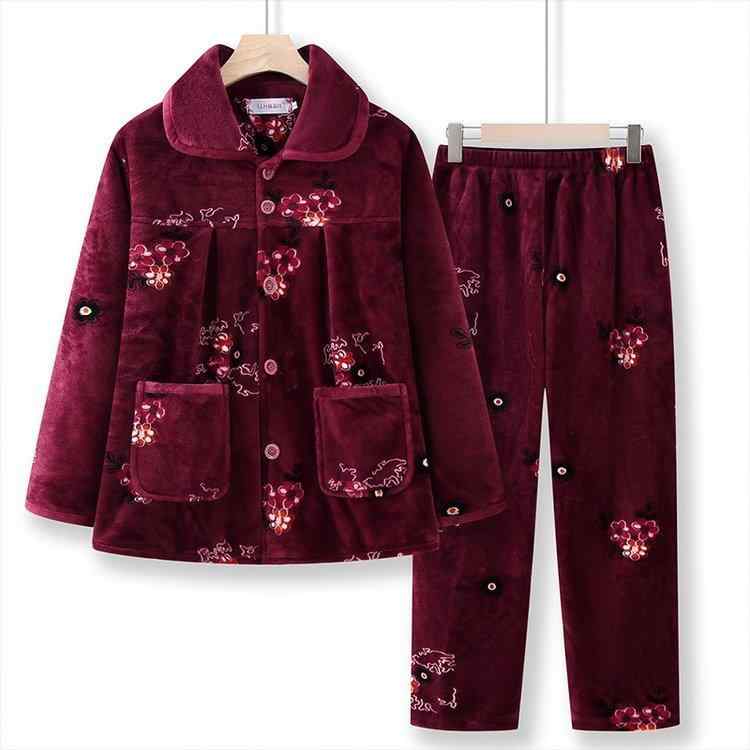 パジャマ レディース ミセス お母さん あったか 保温 厚手 フランネル サンゴフリース 秋冬春 ルームウェア 部屋着 カーディガン 襟付き 長袖 ロングパンツ 上下セット(4)