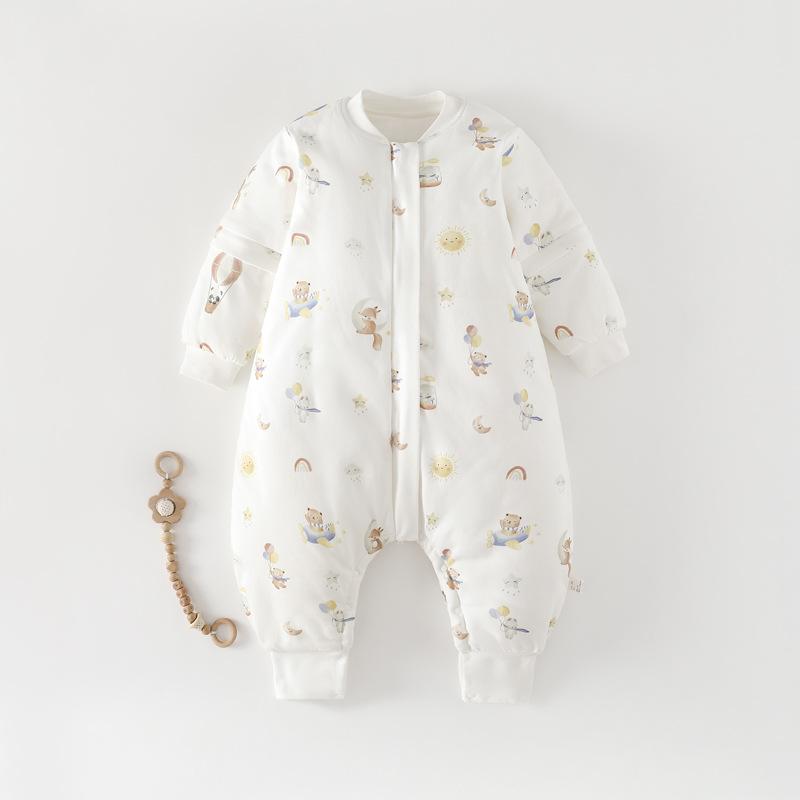 スリーパー ベビー キッズ 足付き 秋冬 中綿入り 厚手 保温 袖取り外し可能 寝冷え防止 蹴飛ばし防止 かわいい動物柄 綿素材 1-6歳向け