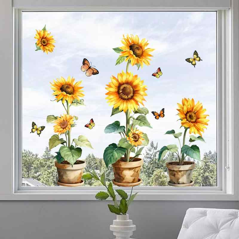 窓用ステッカー 爽やか おしゃれ ひまわり 盆栽 蝶々 花柄 両面印刷 PVC製 リビング 寝室 玄関 ショーウィンドウ 店舗装飾 背景 デコレーション モダン(x2)