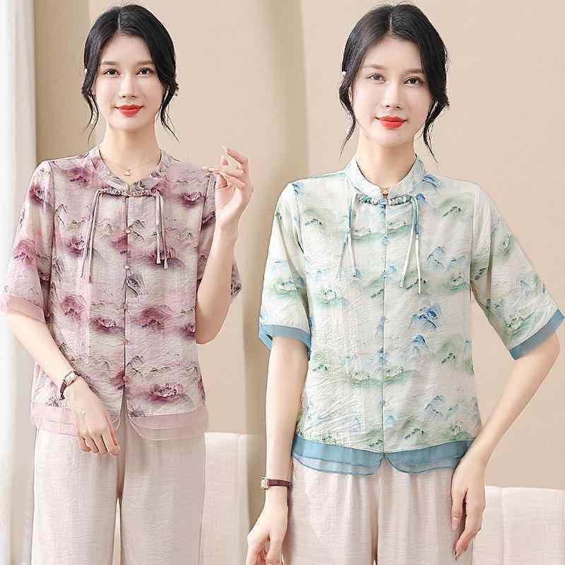 シフォンブラウス レディース ミセス 薄手 軽量 プルオーバー モダンチャイナスタイル レトロ 五分袖 ハイネック エレガント 春夏