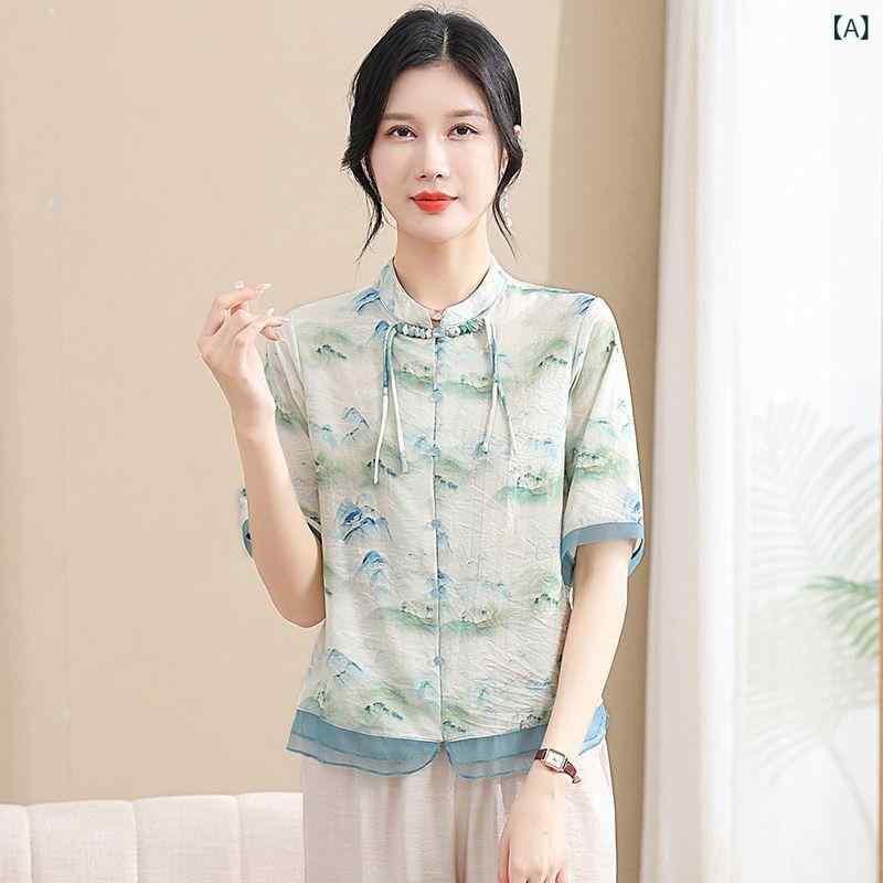 シフォンブラウス レディース ミセス 薄手 軽量 プルオーバー モダンチャイナスタイル レトロ 五分袖 ハイネック エレガント 春夏