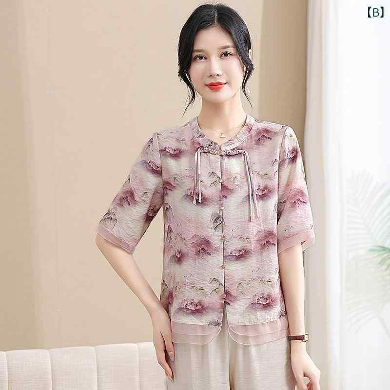 シフォンブラウス レディース ミセス 薄手 軽量 プルオーバー モダンチャイナスタイル レトロ 五分袖 ハイネック エレガント 春夏