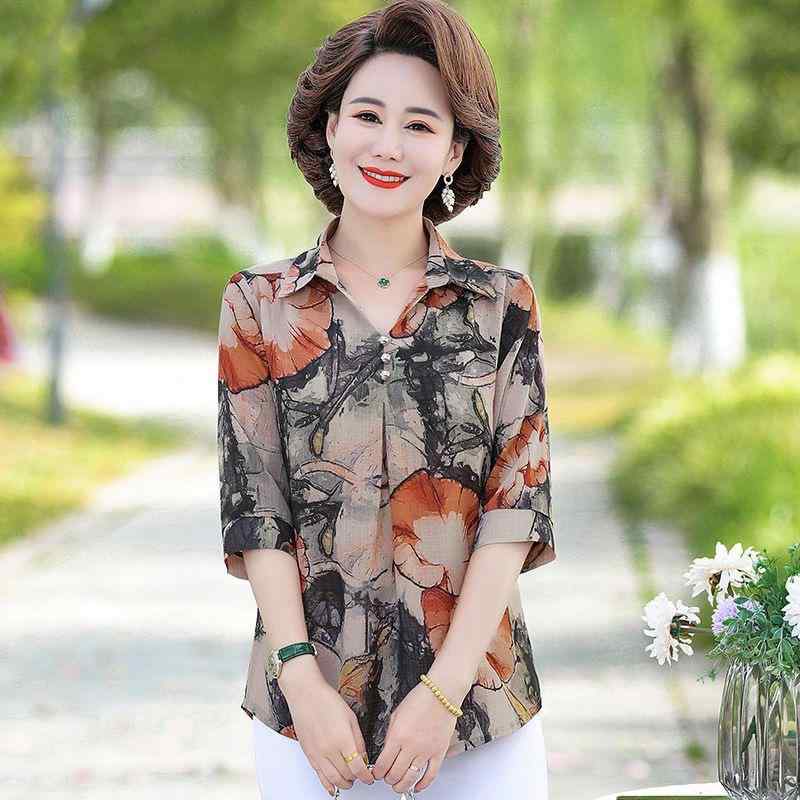 Tシャツ カットソー レディース ミセス 40代 50代 春夏 体型カバー 着痩せ Vネック 五分袖 ゆったり プリント柄 ポリエステル 上品 エレガント きれいめカジュアル