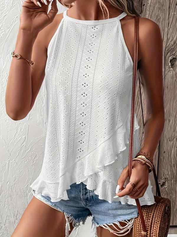 ニットキャミソール レディース 接触冷感 快適 ストレッチ アシンメトリー 透かし編み 白 きれいめ 上..