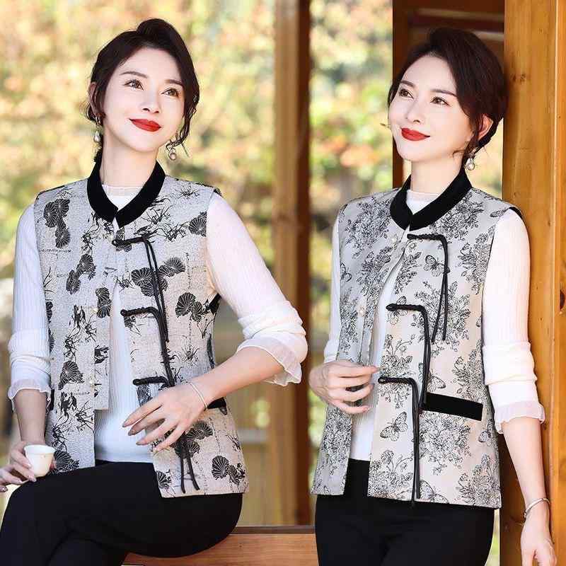 アウター レディース ママ 中国風 チャイナ服 盤ボタン スタンドカラー 水墨画風 レトロ 春秋 ベスト ..