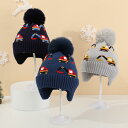 ニット帽 キッズ ベビー 子供 男の子 耳当て付き 裏起毛 ポンポン ダブルレイヤー ショベルカー柄 暖かい 冬用 アクリル 2歳から10歳向け(x2)